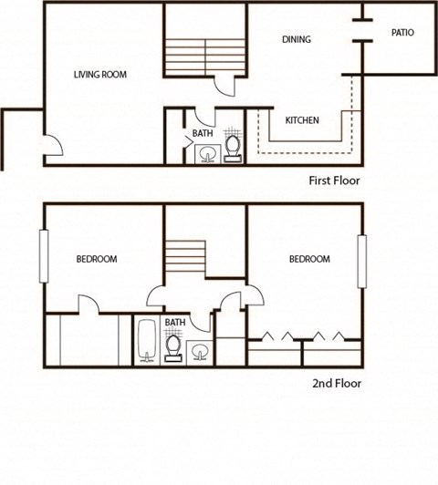 Floor plan for 2 beds, 1.5 baths, 1067 sqft